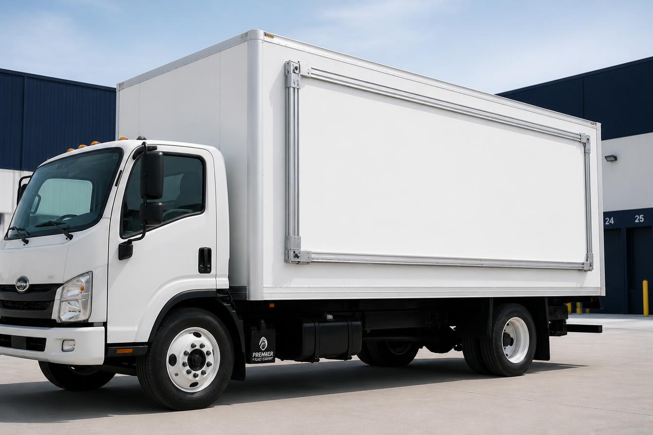 Box truck equipped with a FleetFrame reusable billboard banner framing system